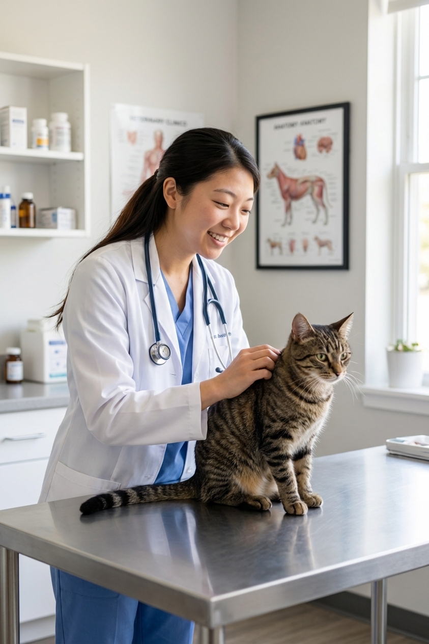 A veterinarian gently examining an adult cat on an exam table in a clean veterinary clinic room, real photographic scene