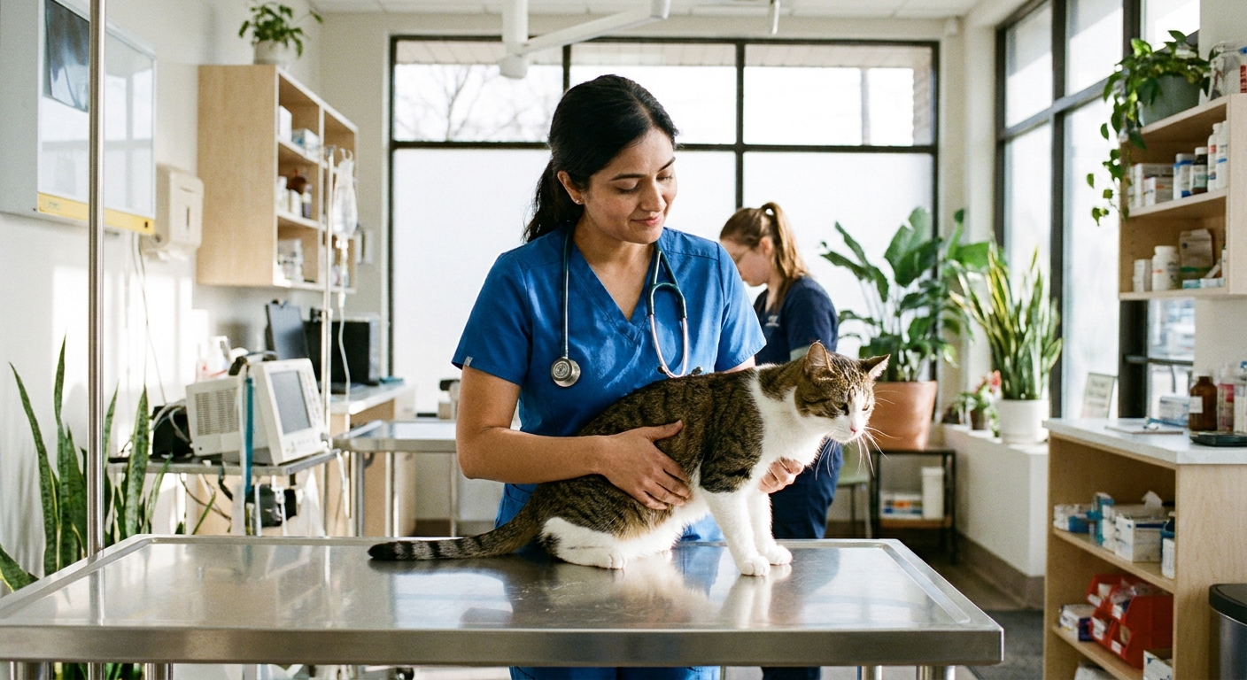 A veterinarian gently examining an adult domestic shorthair cat on an exam table in a bright veterinary clinic