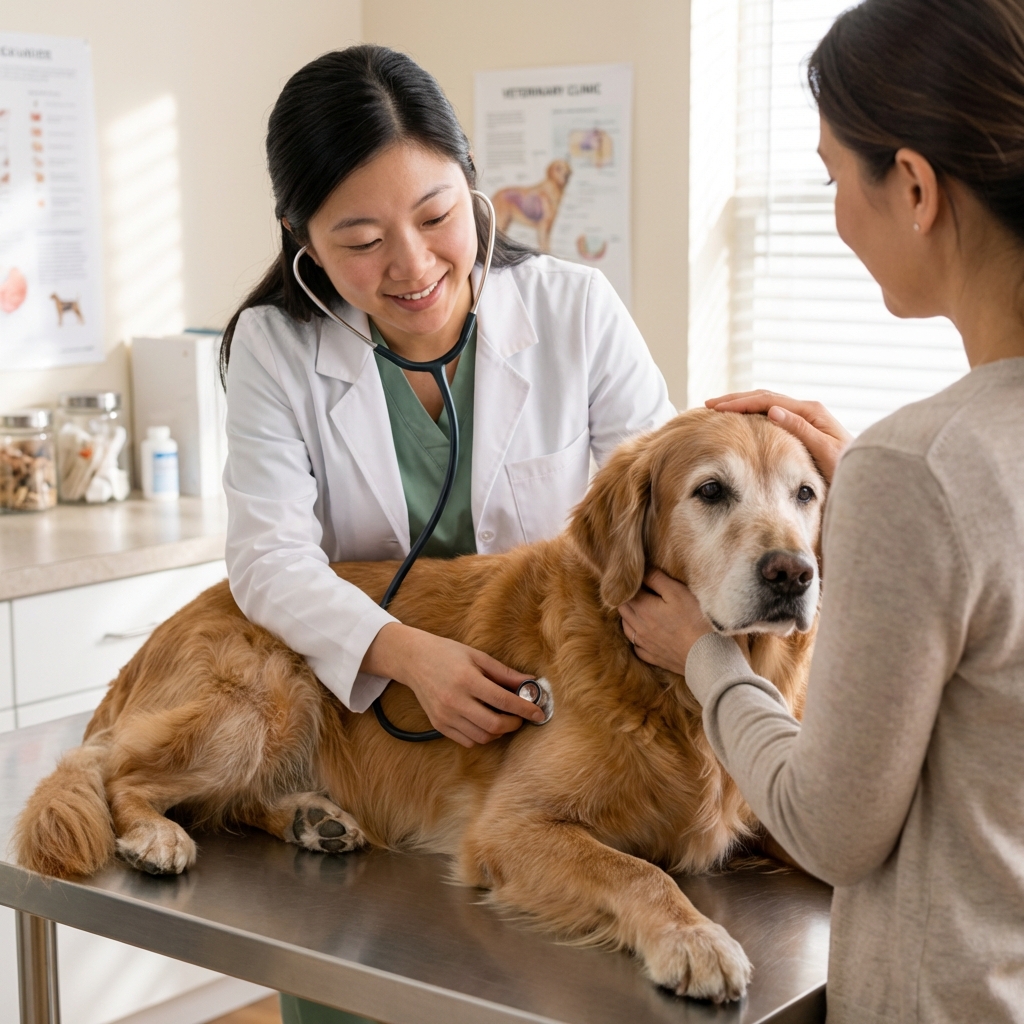 A veterinarian gently examining an elderly dog on an exam table while the owner holds the dog close