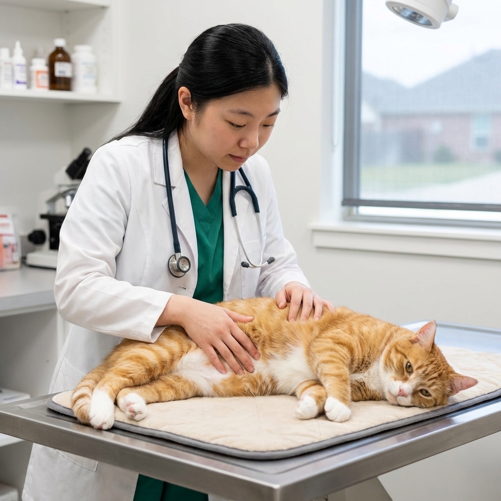 A veterinarian gently examining an older cat on an exam table