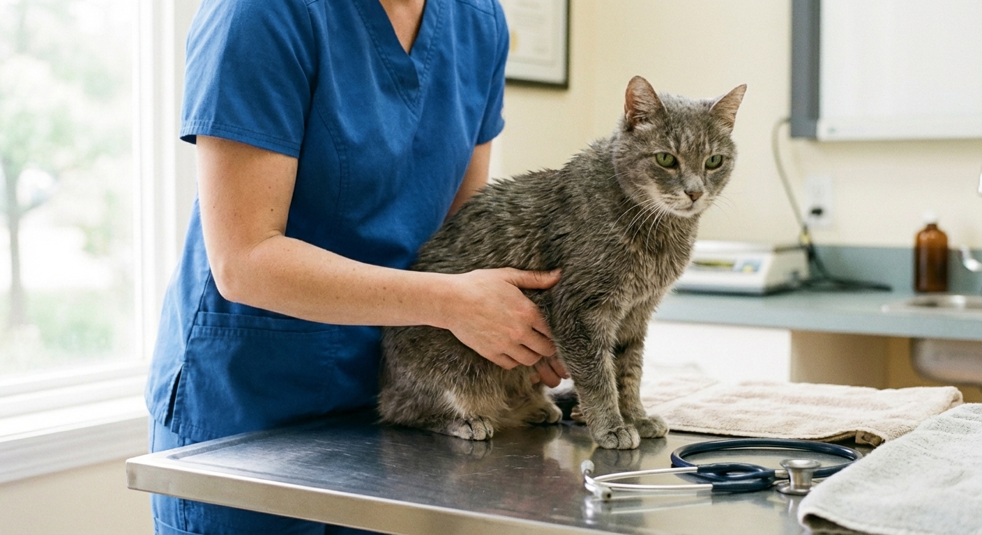 A veterinarian gently examining an older cat on an exam table in a clinic