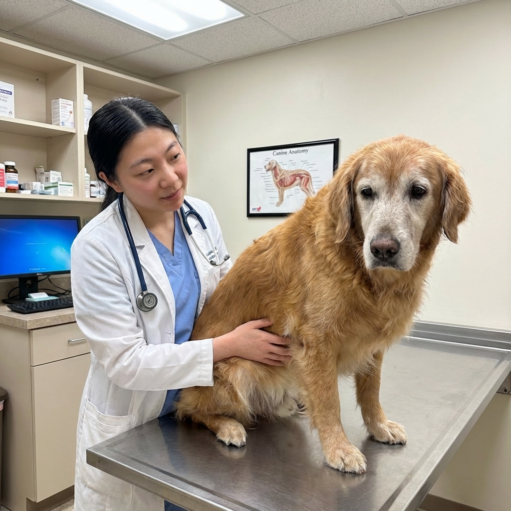 A veterinarian gently examining an older dog in a clinic exam room