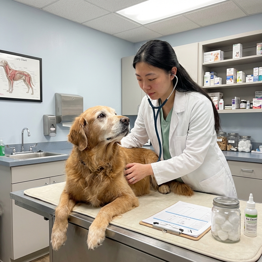 A veterinarian gently examining an older dog in a clinic room