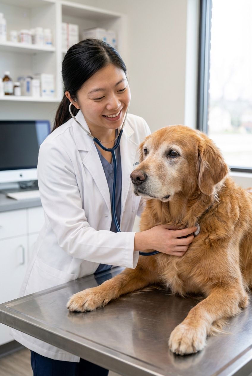 A veterinarian gently examining an older dog in a clinic exam room