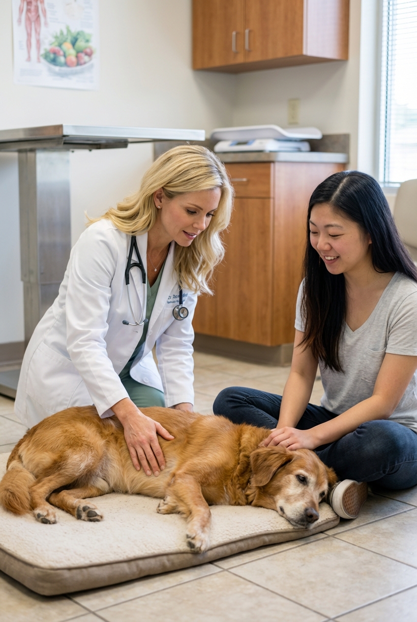 A veterinarian gently examining an older dog on a clinic floor while the caregiver sits nearby