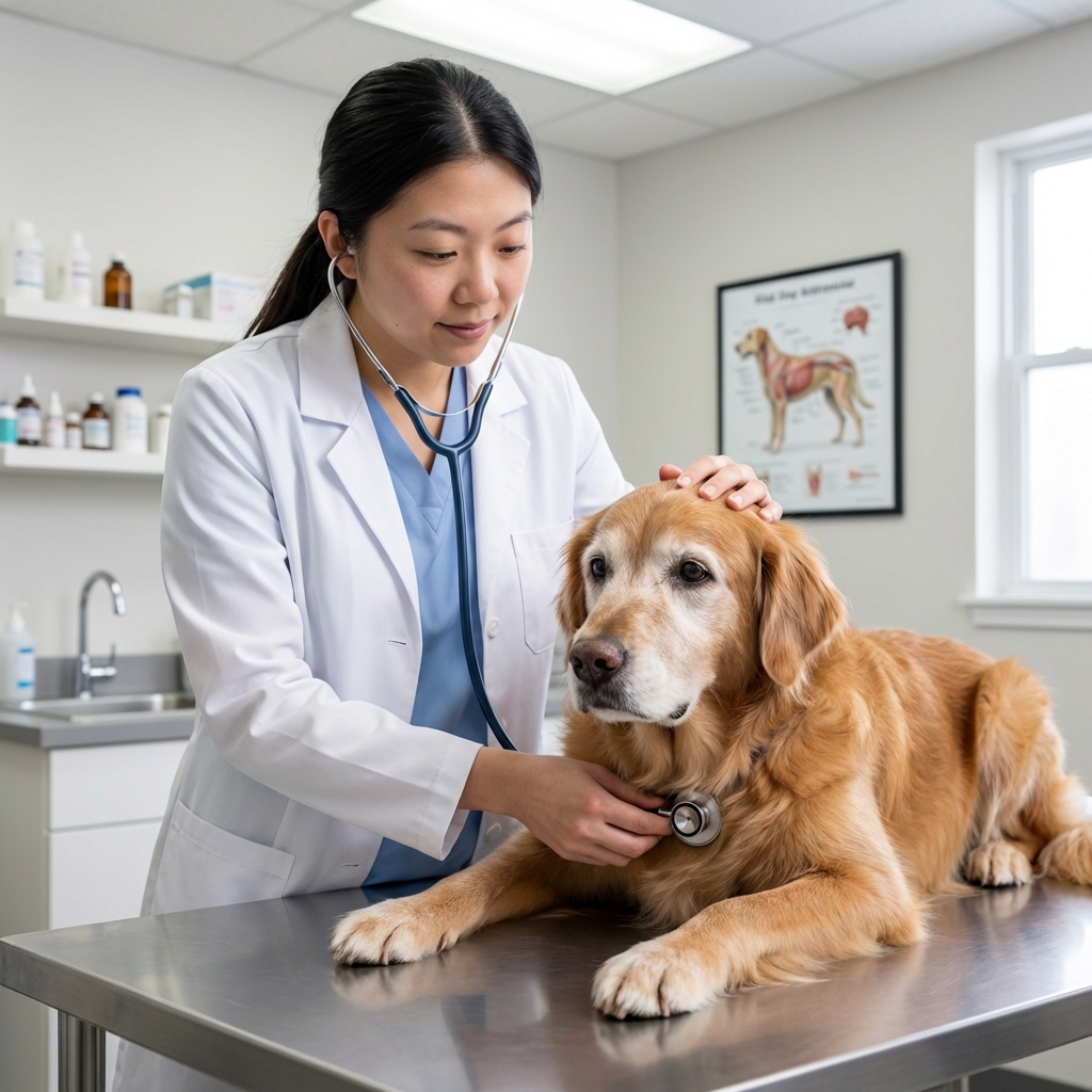 A veterinarian gently examining an older dog on an exam table in a clinic room