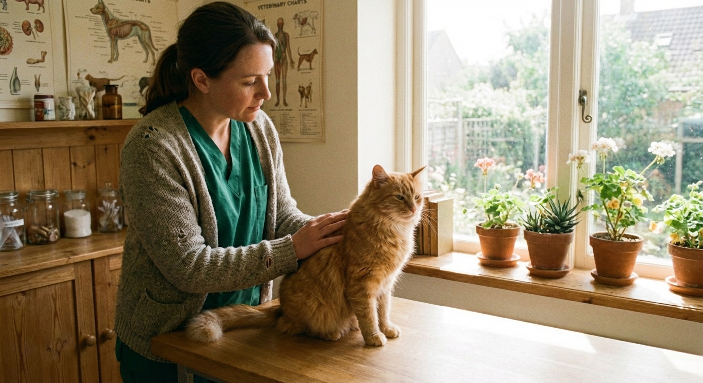 A veterinarian gently examining an orange cat on an exam table in a bright clinic room