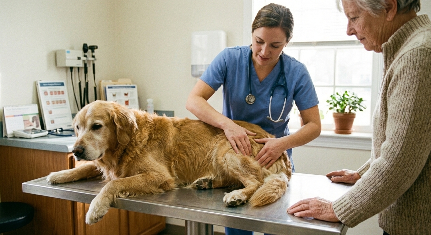 A veterinarian gently examining the hips of a senior dog on an exam table while the owner stands nearby