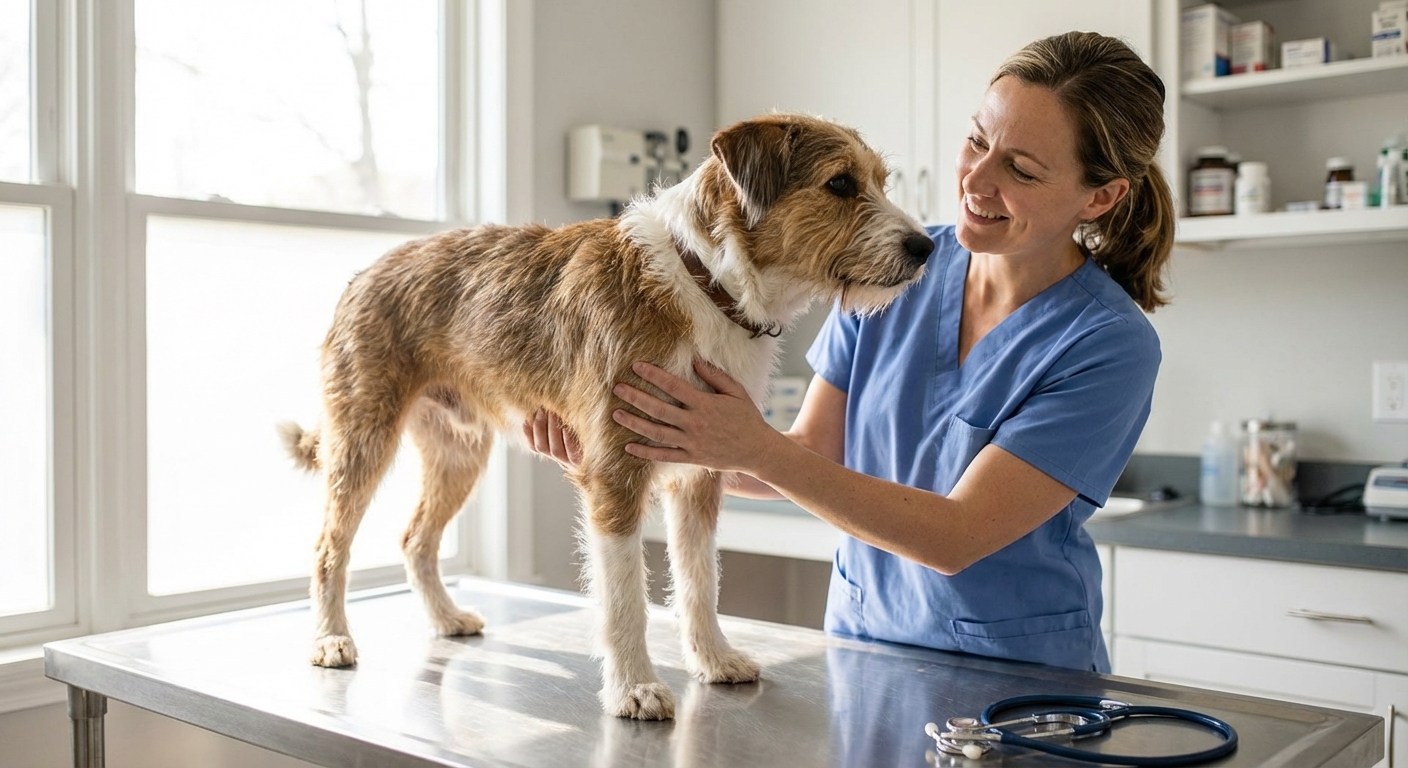A veterinarian gently feeling a dog’s rib area during a wellness exam in a bright clinic room