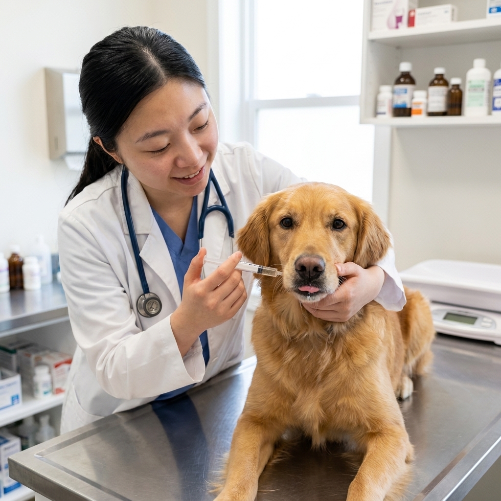 A veterinarian gently giving a small dose of liquid medication to a medium-sized dog in a bright exam room, realistic photography