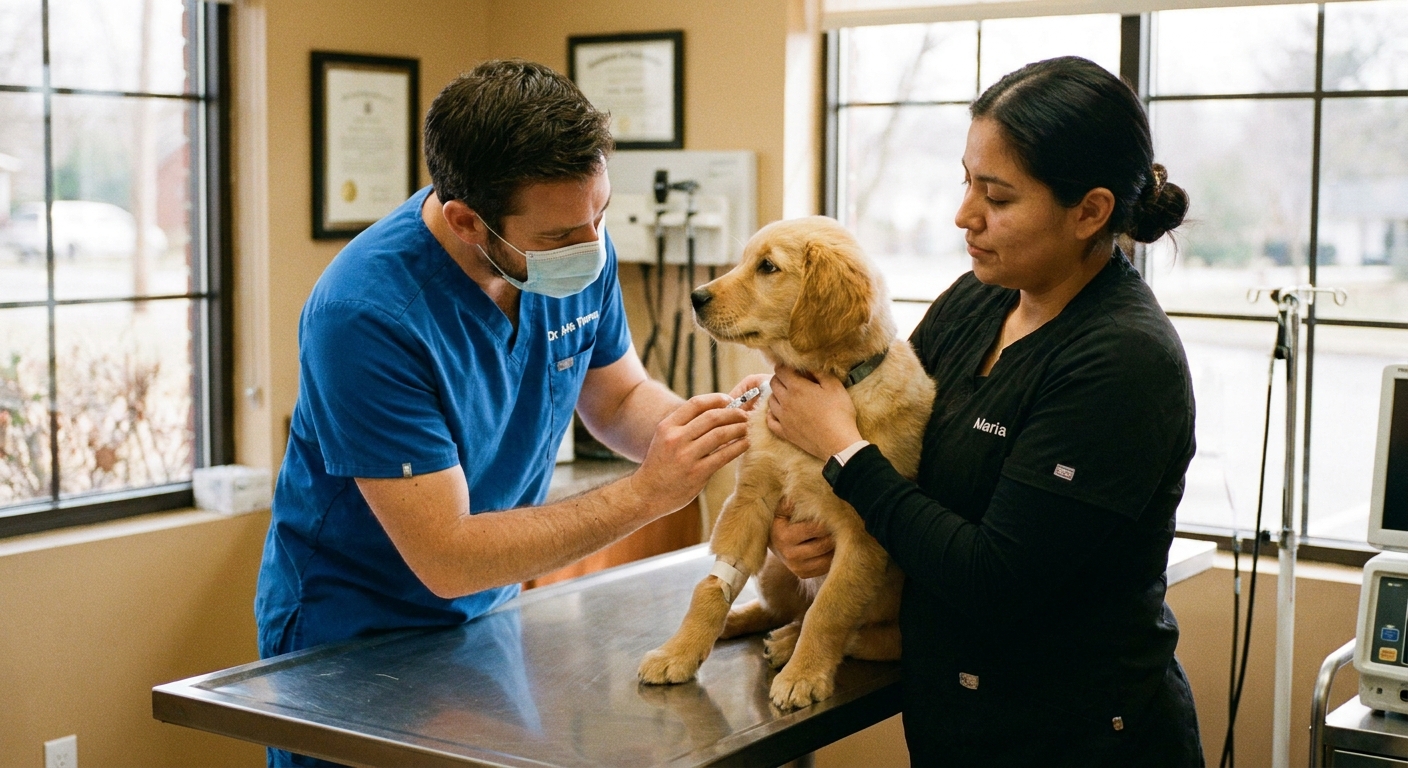 A veterinarian gently giving a vaccine to a young puppy on an exam table while the puppy is calmly restrained