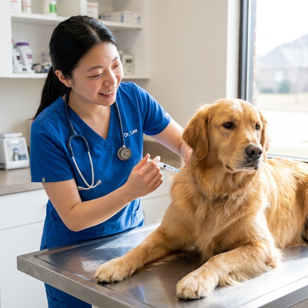 A veterinarian gently giving an injection to a calm medium-sized dog on an exam table in a bright veterinary clinic, real photography style