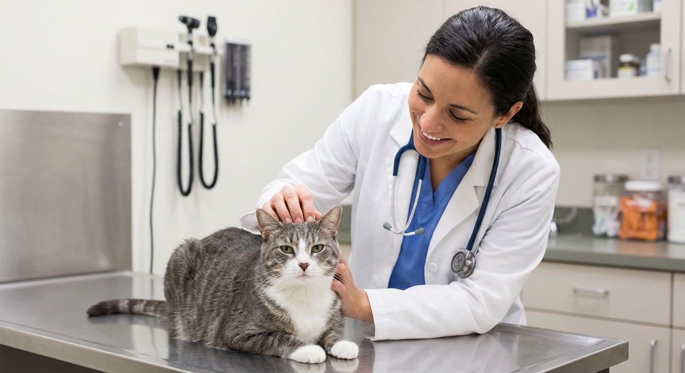 A veterinarian gently holding a calm cat on an exam table