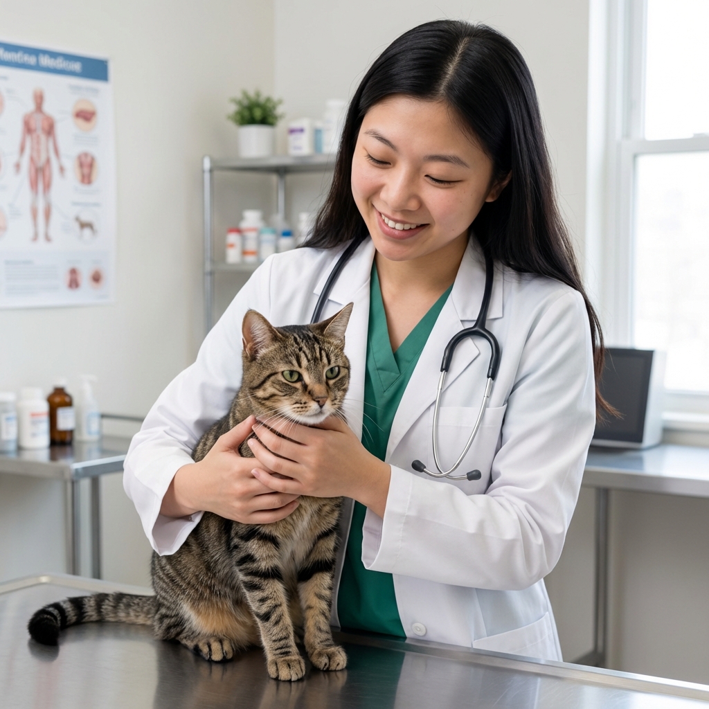 A veterinarian gently holding a cat in a clinic exam room