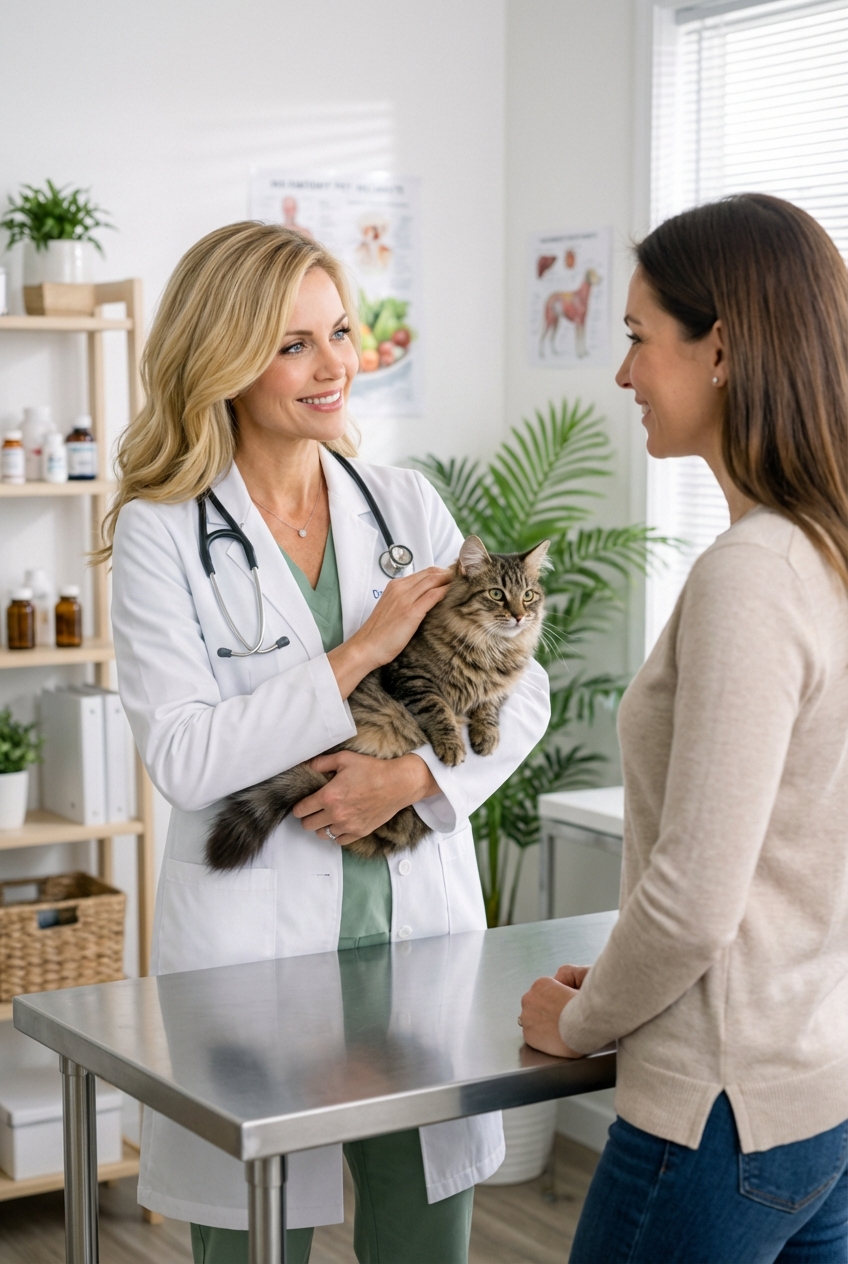 A veterinarian gently holding a cat in an exam room while discussing care with a pet owner