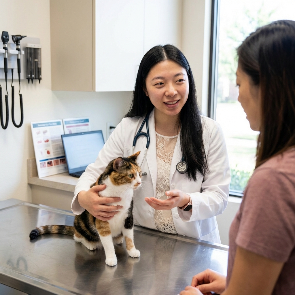 A veterinarian gently holding a cat on an exam table while discussing symptoms with the owner