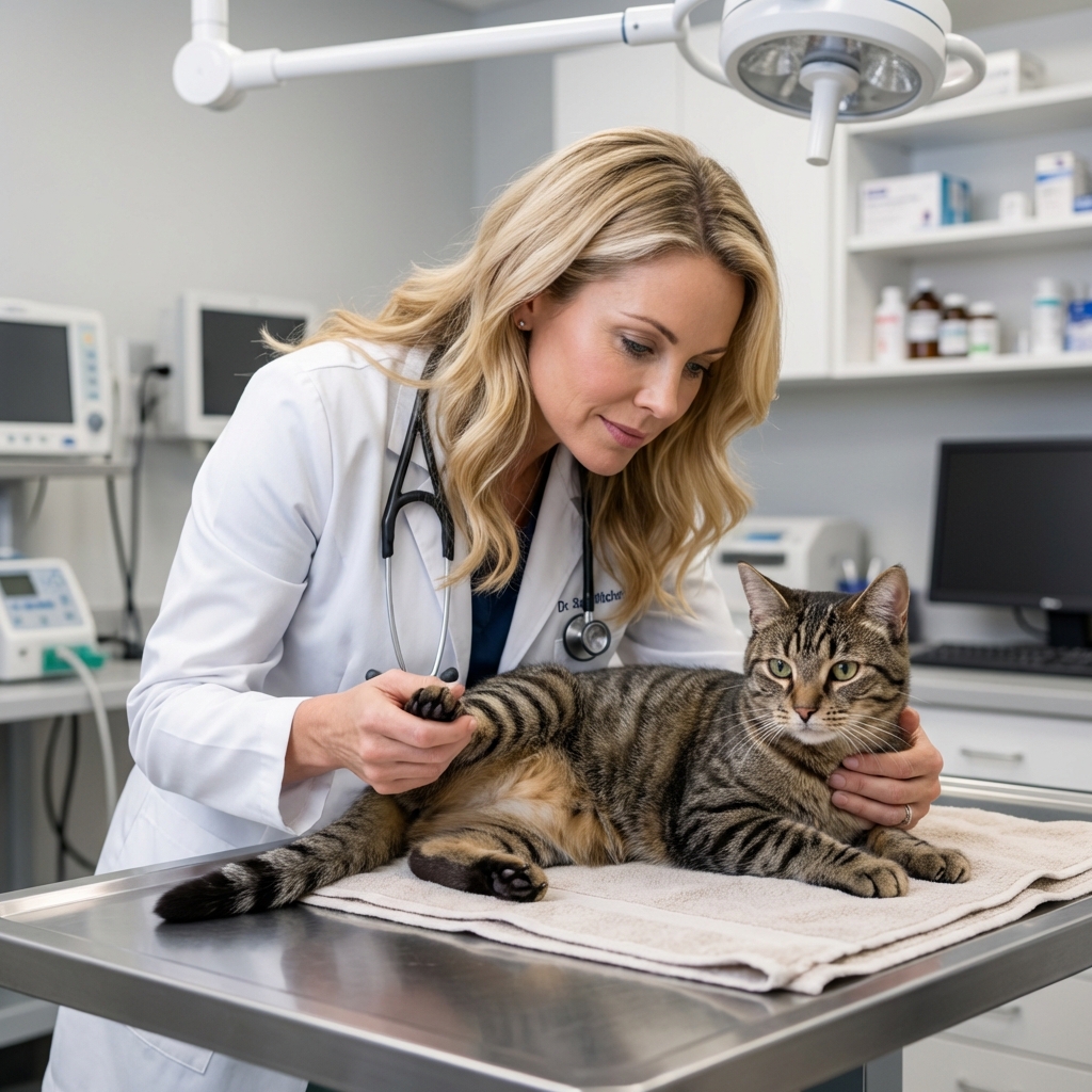 A veterinarian gently holding a cat on an exam table while examining a hind leg