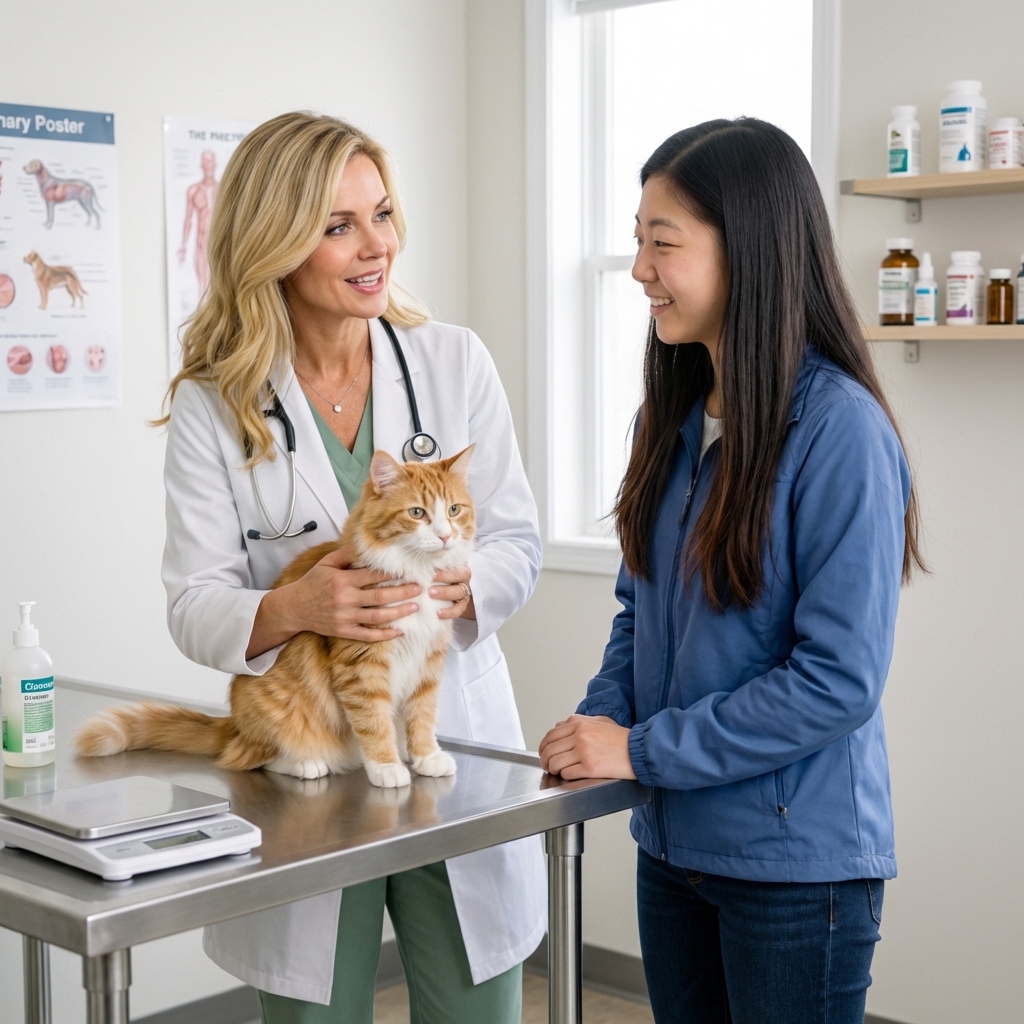 A veterinarian gently holding a cat on an exam table while discussing care with the owner