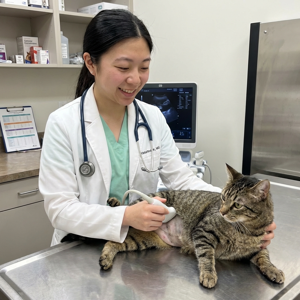 A veterinarian gently holding a cat on an exam table while an ultrasound probe is used on the cat's abdomen
