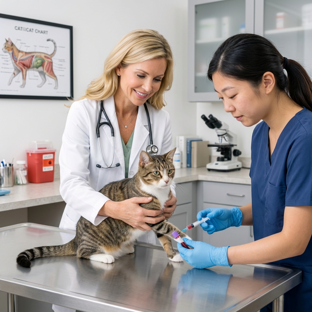 A veterinarian gently holding a cat while a technician prepares to collect a blood sample