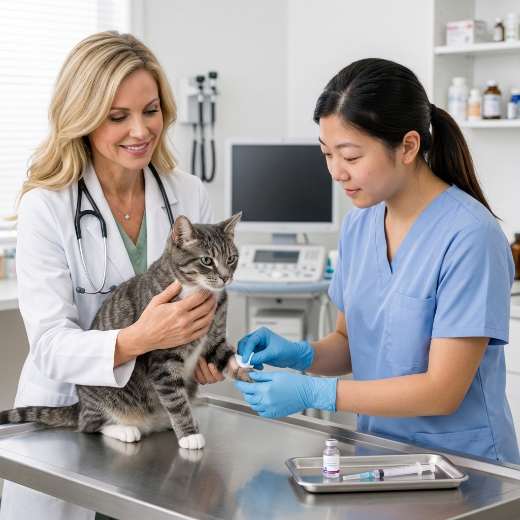 A veterinarian gently holding a cat while a veterinary technician prepares to collect a small blood sample