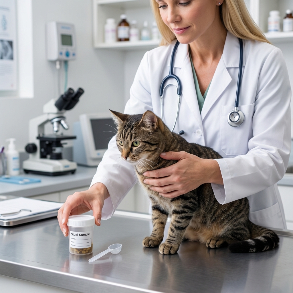 A veterinarian gently holding a cat while preparing to collect a stool sample container on a counter