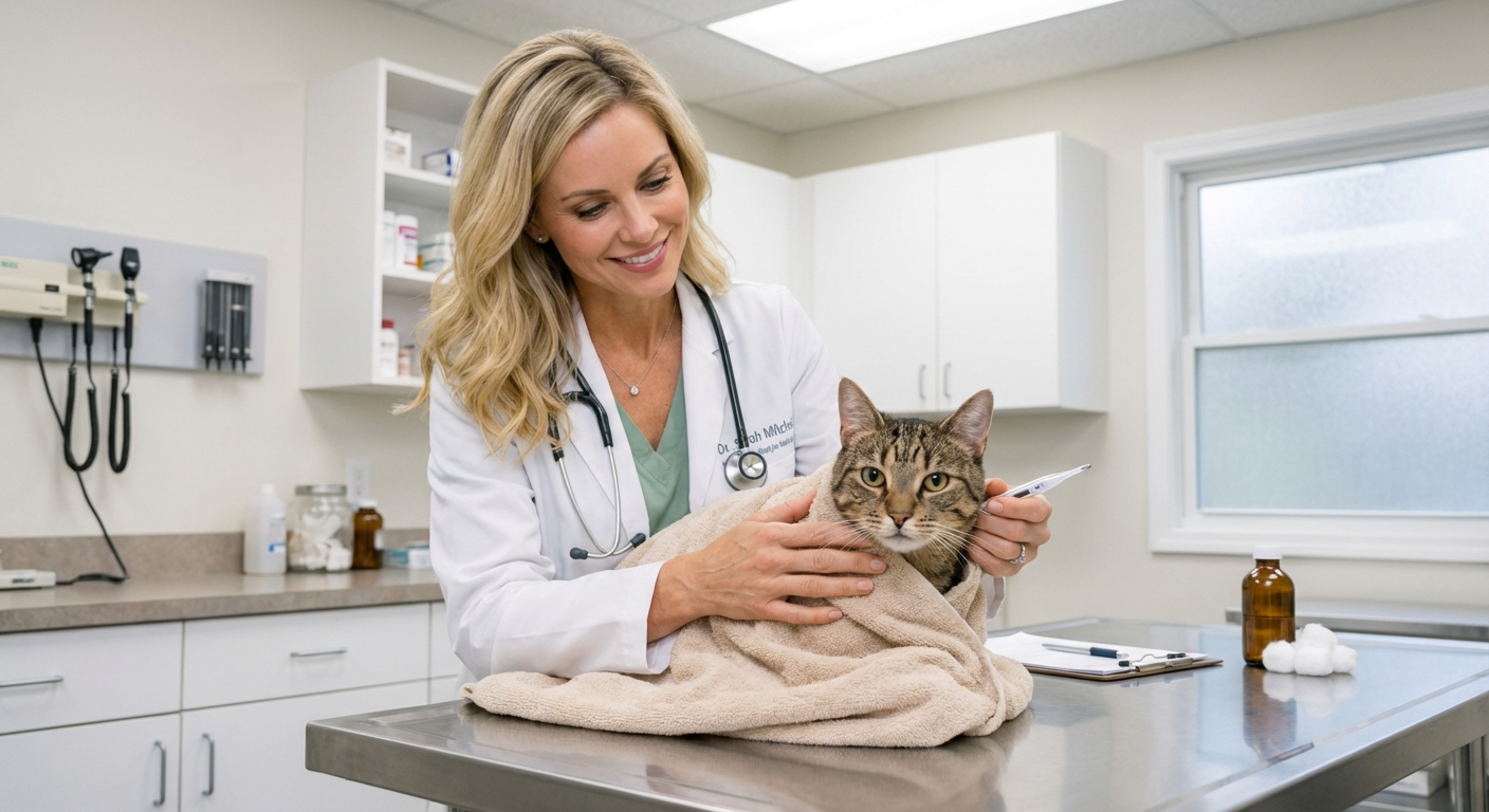 A veterinarian gently holding a cat wrapped in a soft towel in a clinic exam room, preparing for a health check