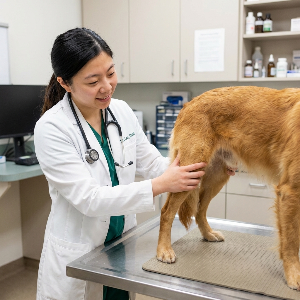 A veterinarian gently holding a dog’s hind leg during a physical exam in a clinic room