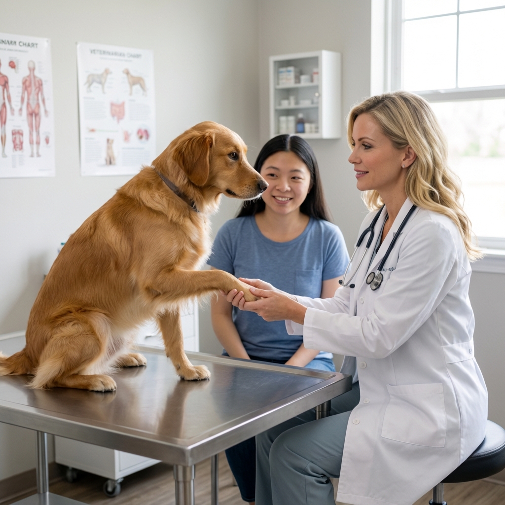 A veterinarian gently holding a dog's paw while an owner sits nearby in a quiet exam room
