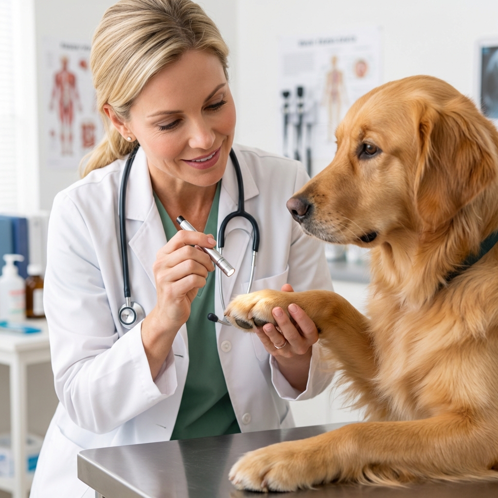 A veterinarian gently holding a dog's paw while examining the toes in a clinic exam room