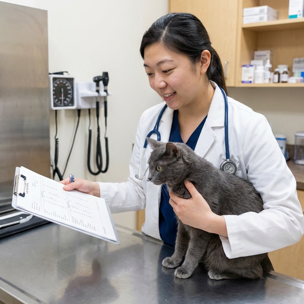 A veterinarian gently holding a gray cat while reviewing lab results in an exam room
