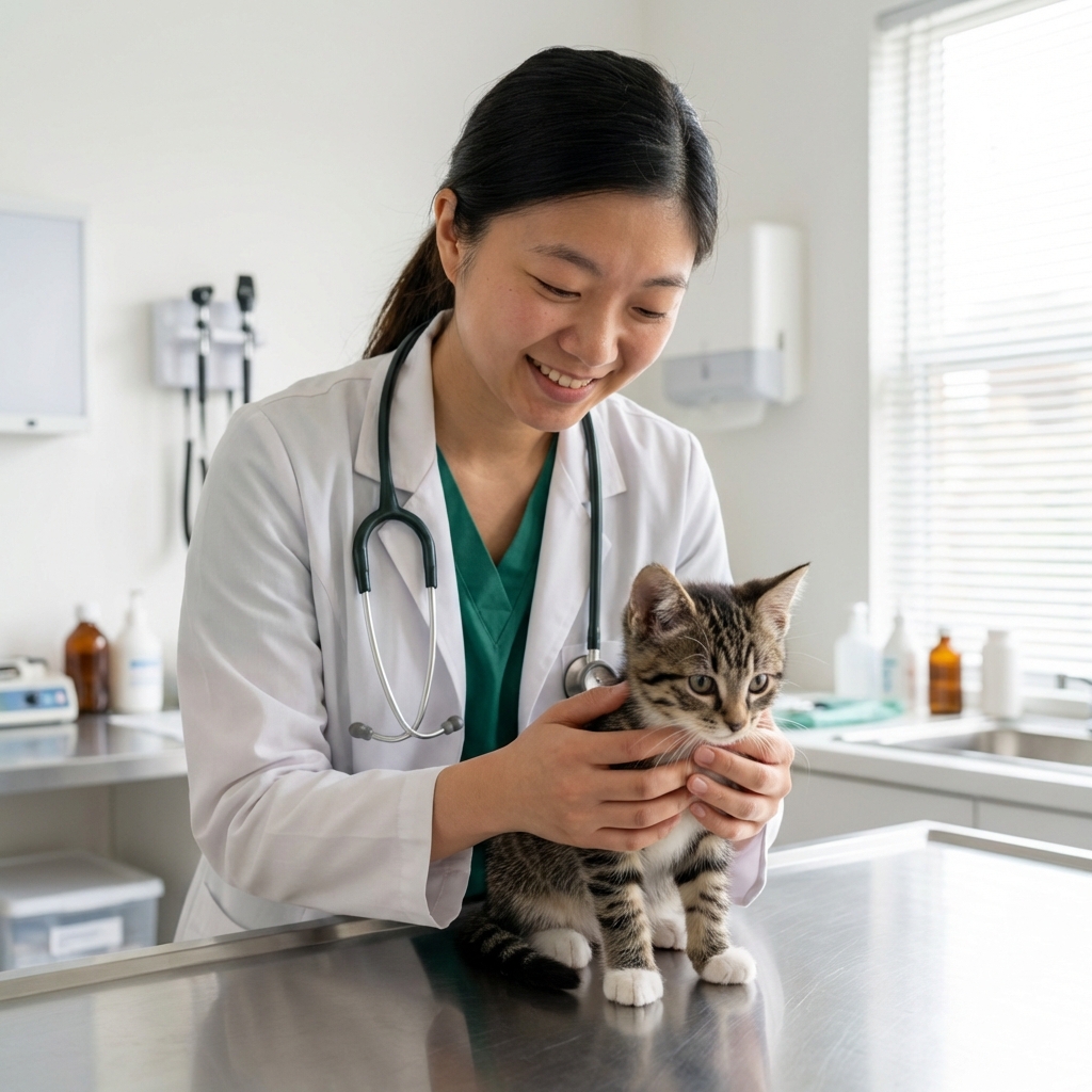 A veterinarian gently holding a kitten on an exam table