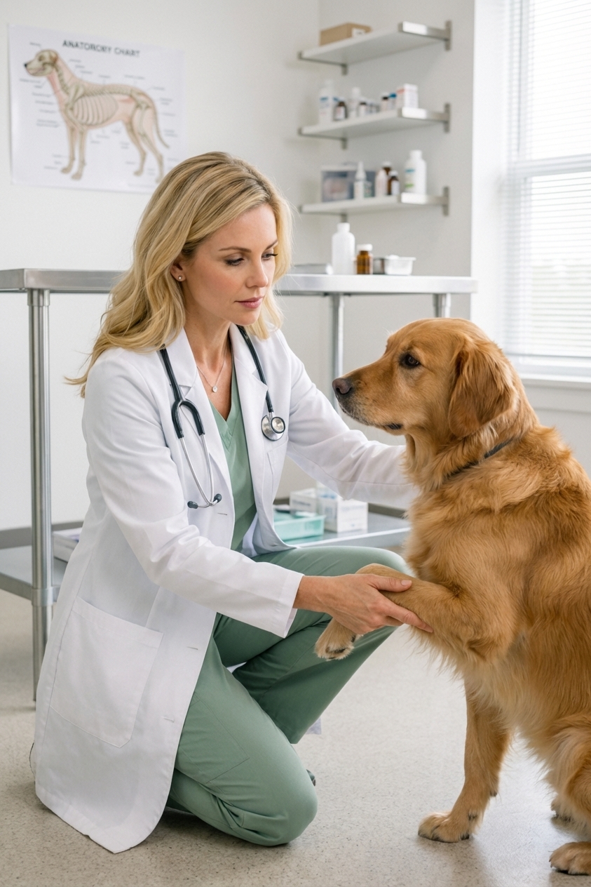 A veterinarian gently holding a medium-sized dog’s hind leg in a clinic exam room while assessing the knee for instability, real-life veterinary photography style