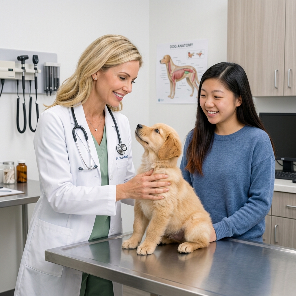 A veterinarian gently holding a puppy on an exam table while a pet parent watches