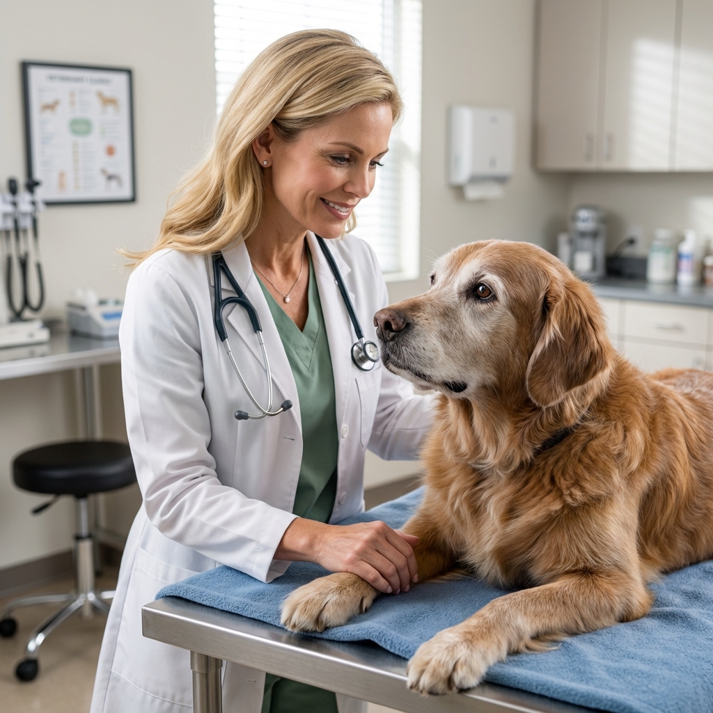 A veterinarian gently holding a senior dog’s paw in a quiet exam room