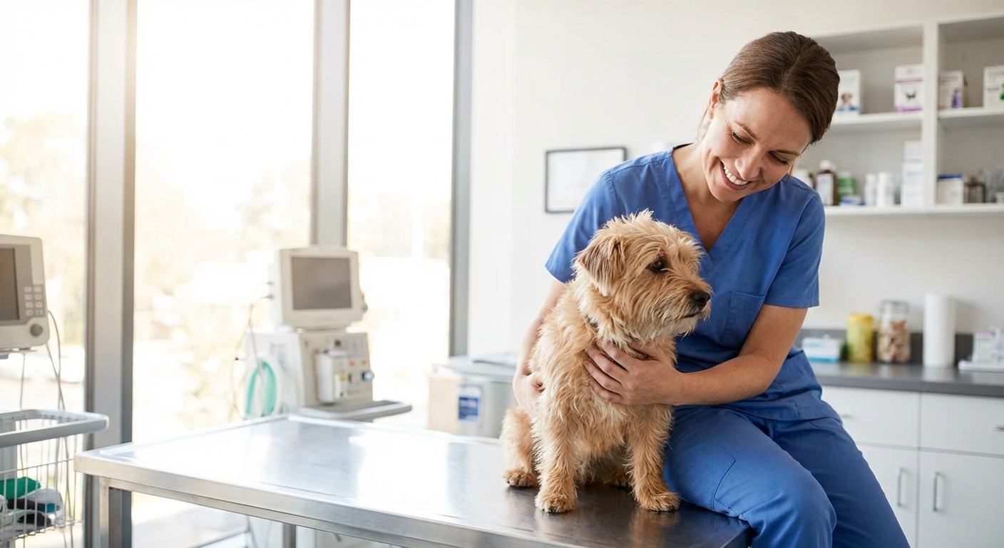 A veterinarian gently holding a small dog on an exam table in a bright clinic room