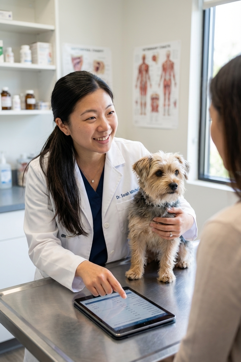 A veterinarian gently holding a small dog on an exam table while discussing results with the owner, bright clinic lighting, candid photography