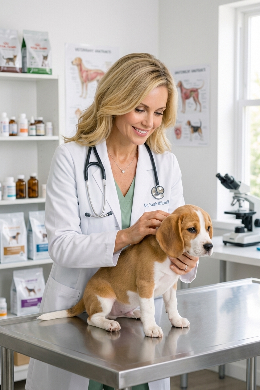 A veterinarian gently holding a small dog on an exam table in a veterinary clinic exam room, realistic photography