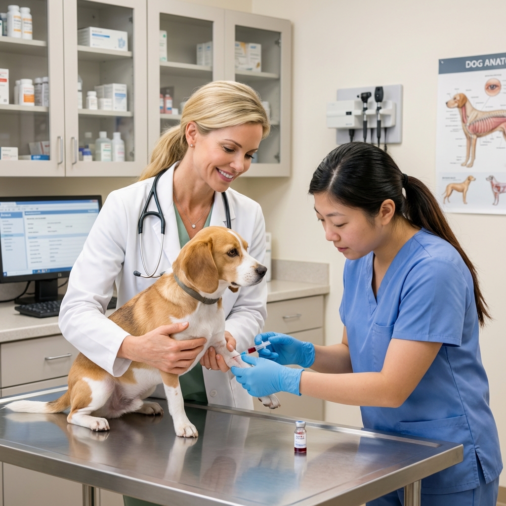 A veterinarian gently holding a small dog while a technician prepares a blood sample in a clinic exam room