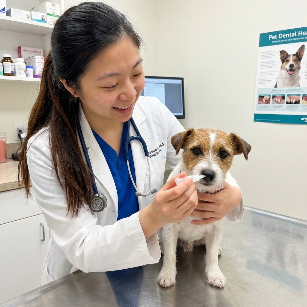 A veterinarian gently holding a small dog while administering intranasal vaccine drops in a clinic exam room, real photo