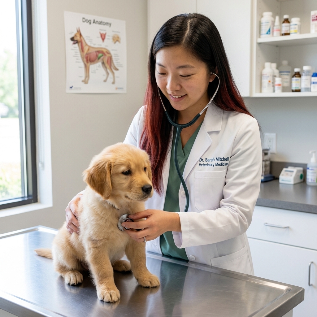 A veterinarian gently holding a young puppy on an exam table during a wellness exam, real photo style