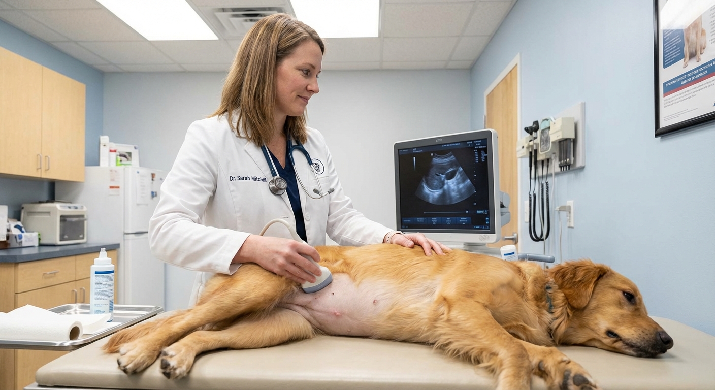 A veterinarian gently holding an ultrasound probe on a dog’s belly in a clean exam room