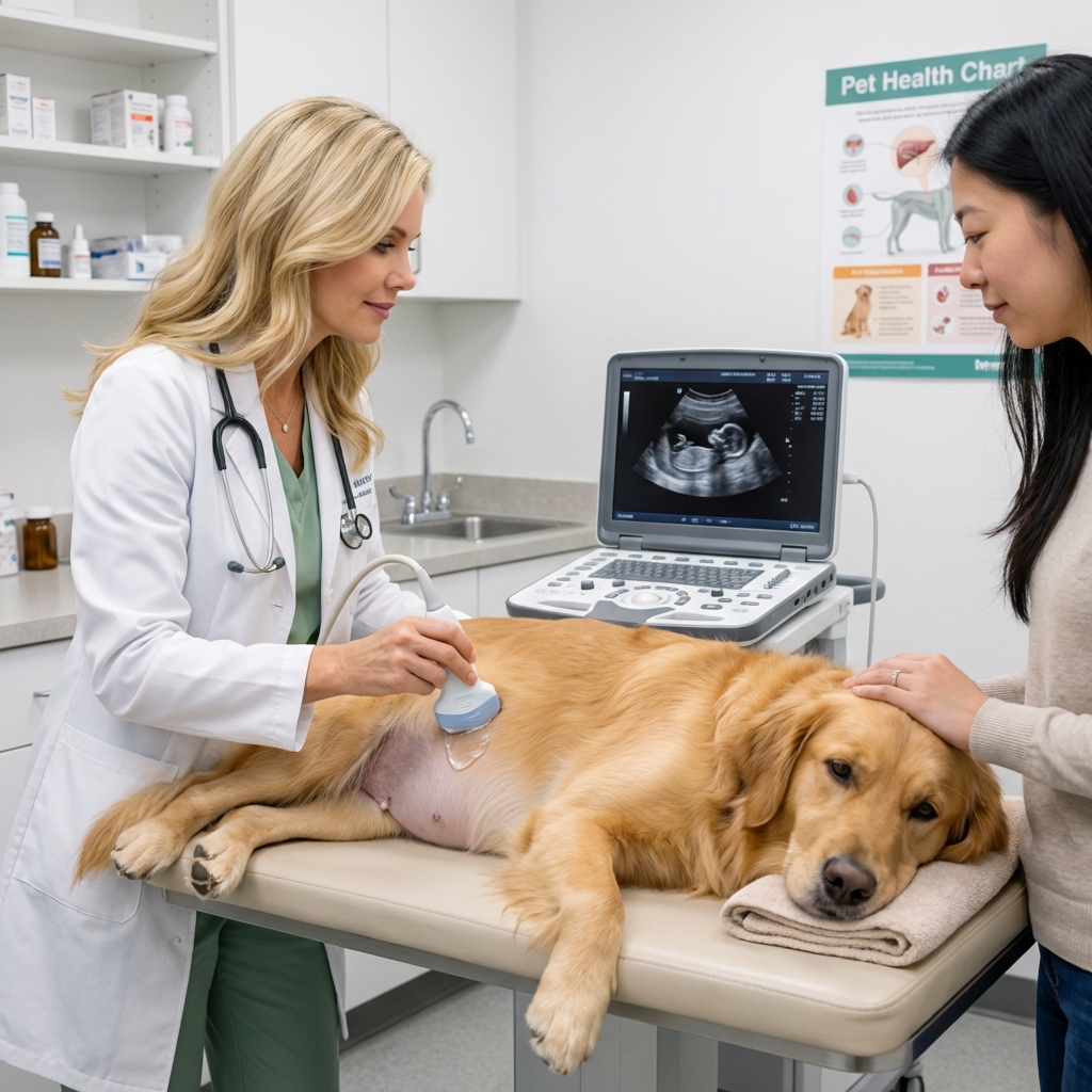 A veterinarian gently holding an ultrasound probe on a pregnant dog’s abdomen in a clean clinic exam room