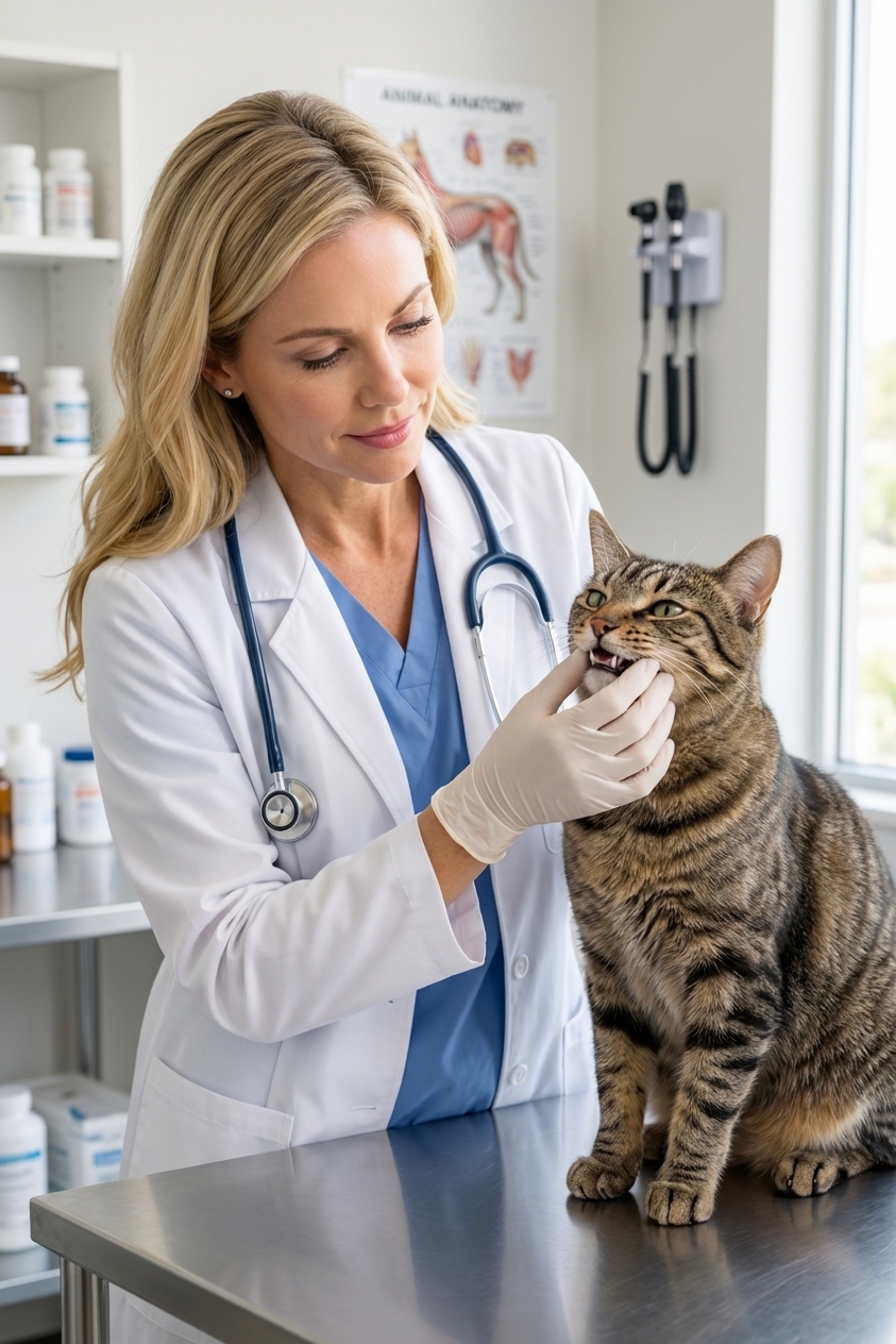A veterinarian gently lifting a cat's lip to examine the teeth and gums in a well-lit exam room, realistic photography