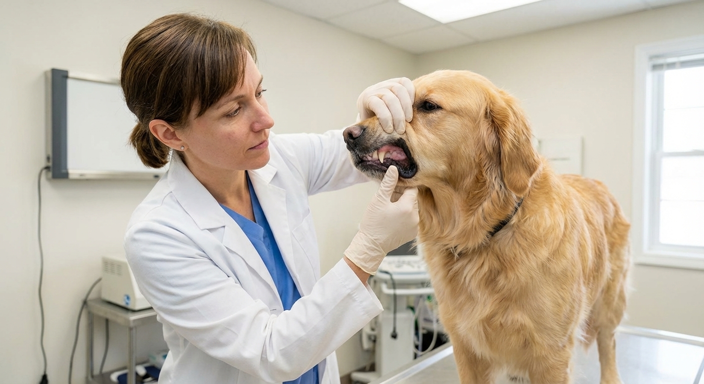 A veterinarian gently lifting a dog's lip to check pale gums in a bright veterinary exam room, realistic photography