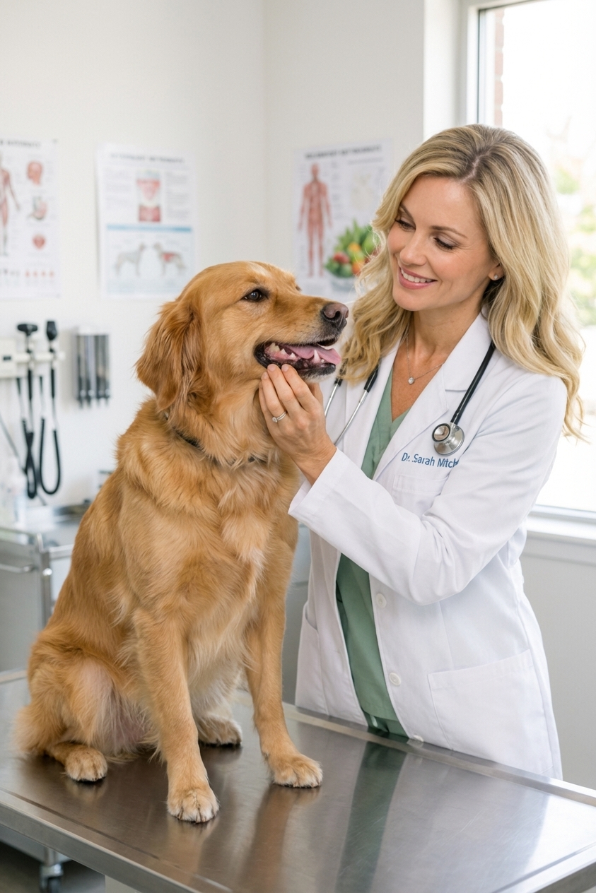 A veterinarian gently lifting a medium-sized dog's lip to check gum color in a bright veterinary exam room, realistic photo
