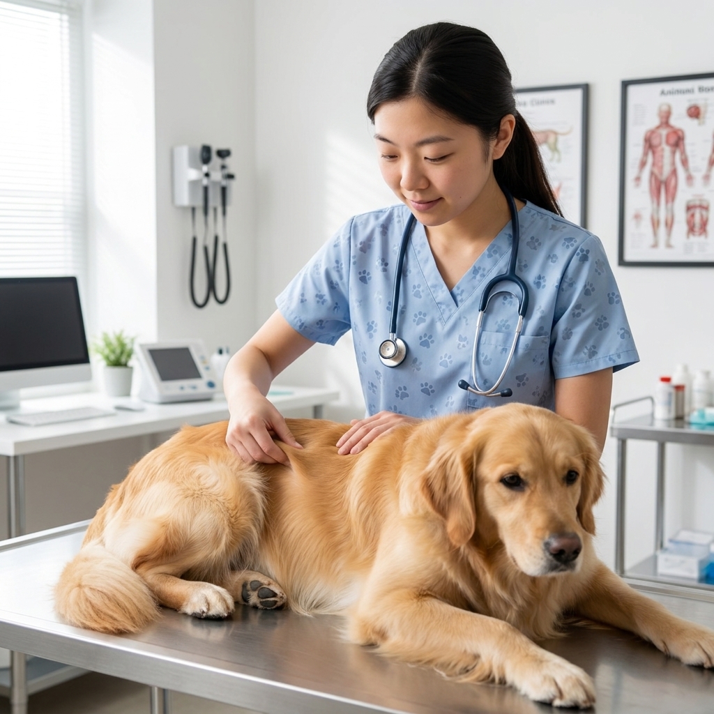 A veterinarian gently lifting the skin on a dog’s flank during an exam in a bright clinic room, realistic photography style