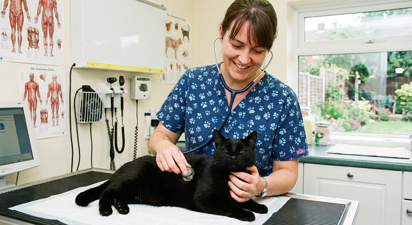 A veterinarian gently listening to a black cat’s chest with a stethoscope in a clinic exam room