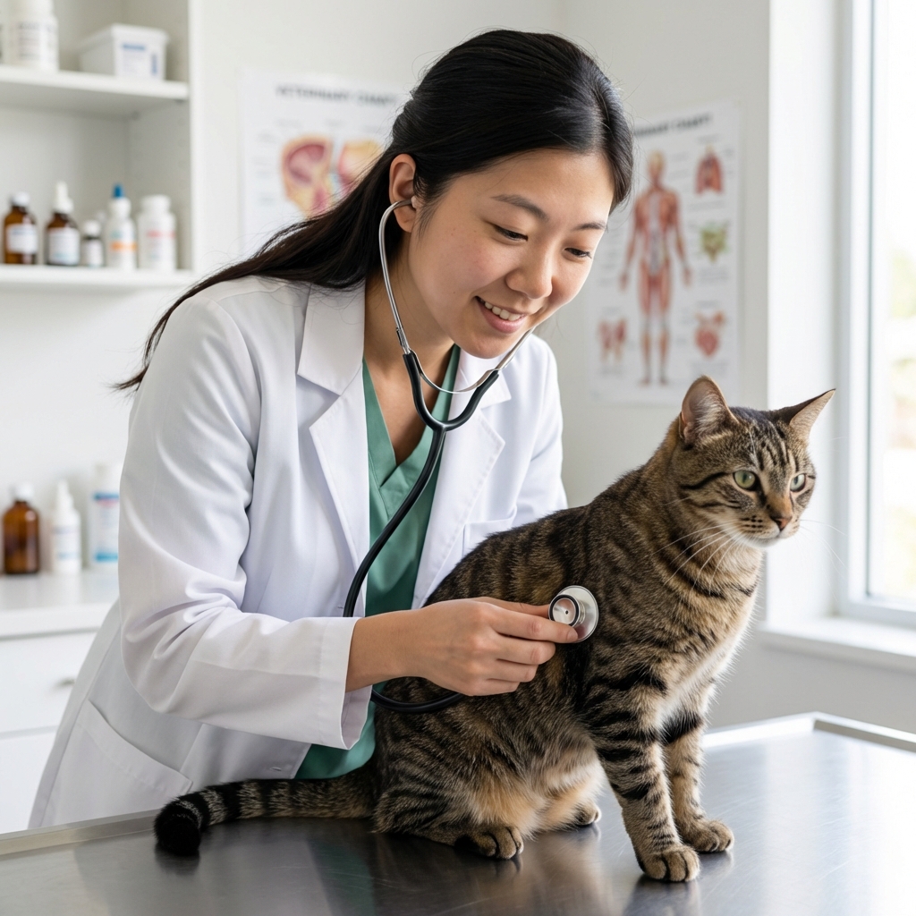 A veterinarian gently listening to a cat's chest with a stethoscope in an exam room