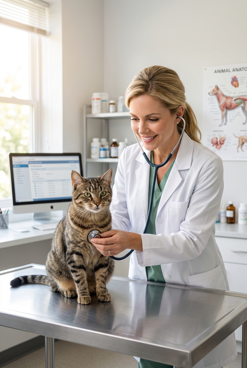 A veterinarian gently listening to a cat's chest with a stethoscope in a bright exam room
